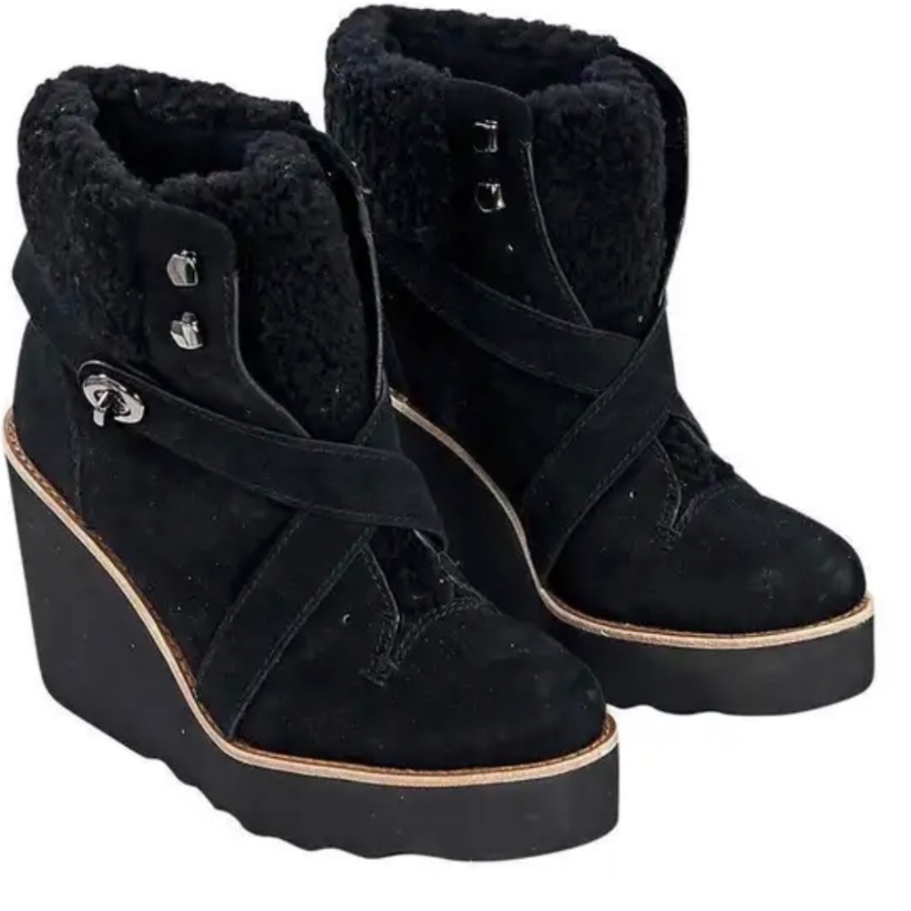 Coach suede shearling wedge ankle boots